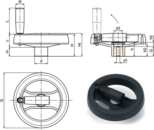 Roue de commande allégée manuel, escamotable pivotante, avec la manche