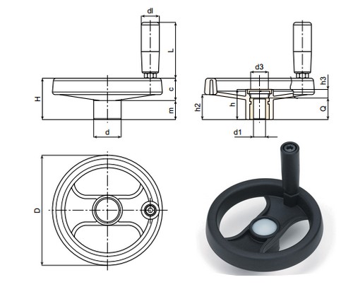 Roue de commande pivotante allégée avec la manche