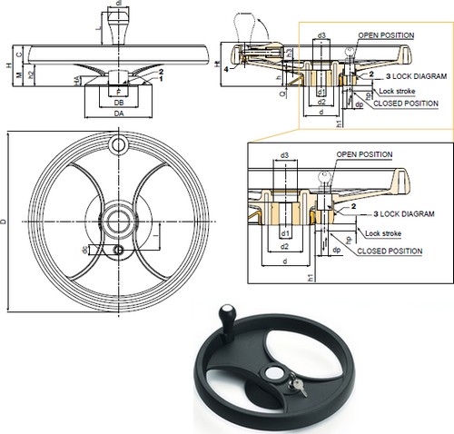 Roue manuelle de commande avec manivelle et le verrou